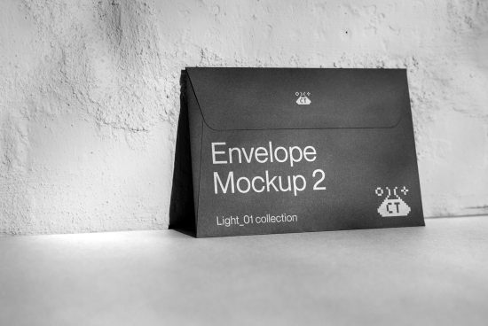 Black envelope mockup with elegant design on textured background ideal for showcasing branding and stationery designs to clients and portfolios.